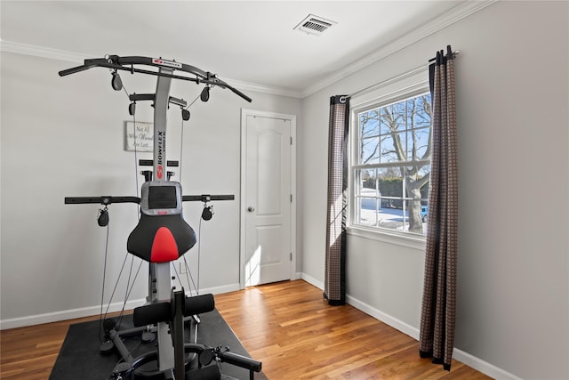 workout area featuring hardwood / wood-style flooring and ornamental molding