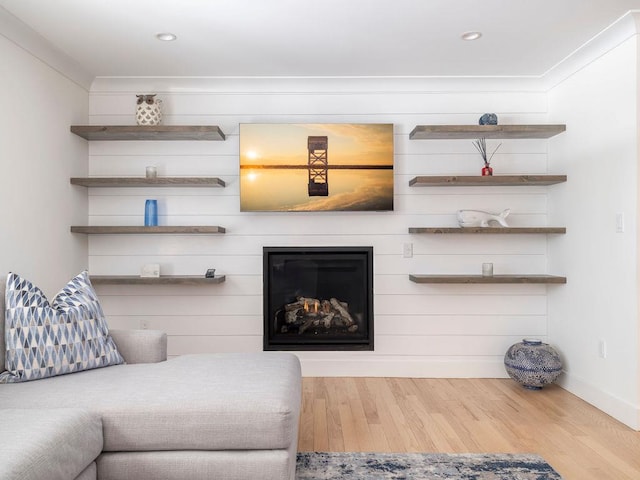 155 Pinewood Rd, Cutchogue, NY 11935 - living area with crown molding, recessed lighting, baseboards, and wood finished floors