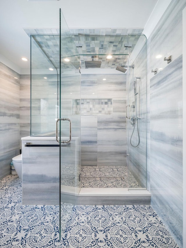 155 Pinewood Rd, Cutchogue, NY 11935 - full bath with toilet, tile patterned floors, recessed lighting, and a stall shower