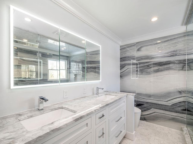 155 Pinewood Rd, Cutchogue, NY 11935 - full bathroom with recessed lighting, a sink, toilet, and ornamental molding