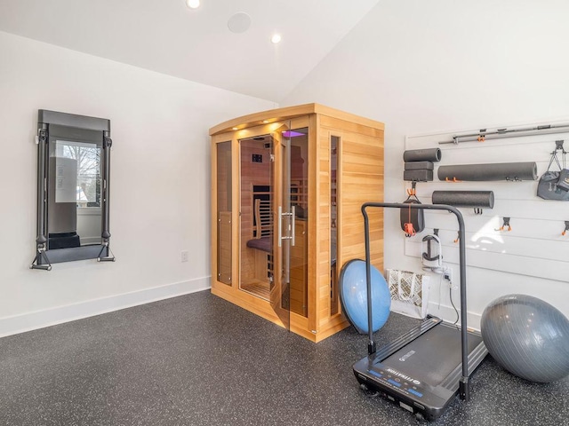 155 Pinewood Rd, Cutchogue, NY 11935 - workout room featuring baseboards, vaulted ceiling, and recessed lighting