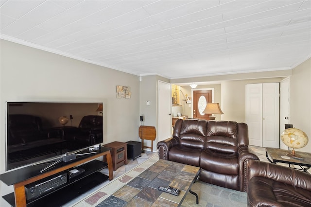 living room with crown molding