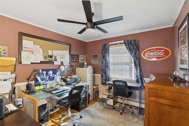 office featuring crown molding, wood-type flooring, and ceiling fan