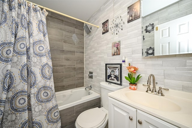 full bathroom with tile walls, vanity, shower / bath combination with curtain, decorative backsplash, and toilet