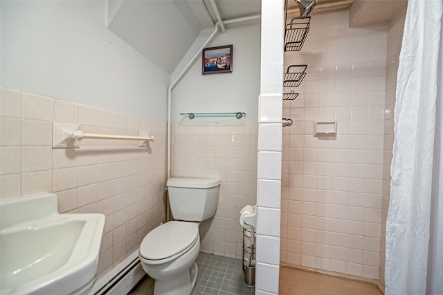 bathroom featuring tile patterned floors, toilet, tile walls, a baseboard radiator, and curtained shower