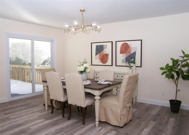 dining room with dark hardwood / wood-style floors and a chandelier