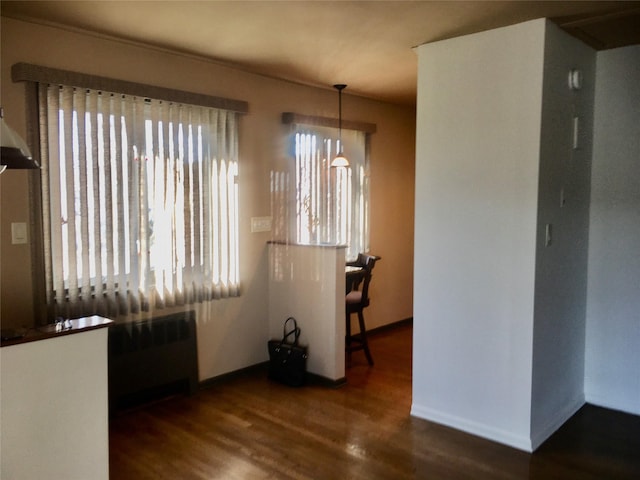 unfurnished dining area with dark wood-type flooring and radiator heating unit