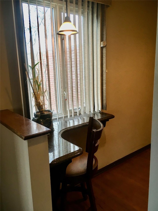 dining area with plenty of natural light and dark hardwood / wood-style flooring