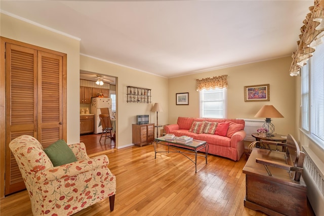 living room with radiator heating unit and light hardwood / wood-style floors