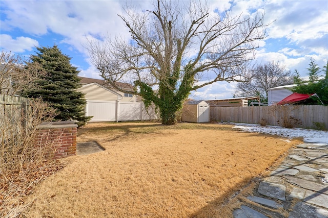 view of yard featuring a storage unit