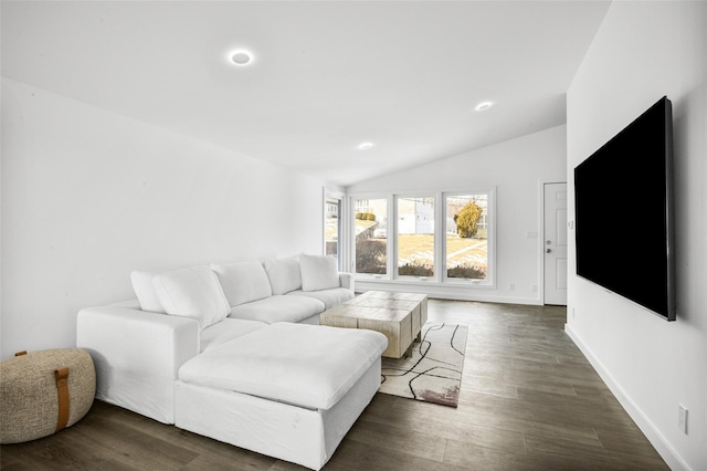 living room featuring lofted ceiling and dark wood-type flooring