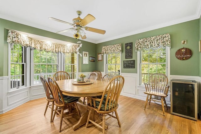 dining room with ceiling fan with notable chandelier, light hardwood / wood-style flooring, and ornamental molding