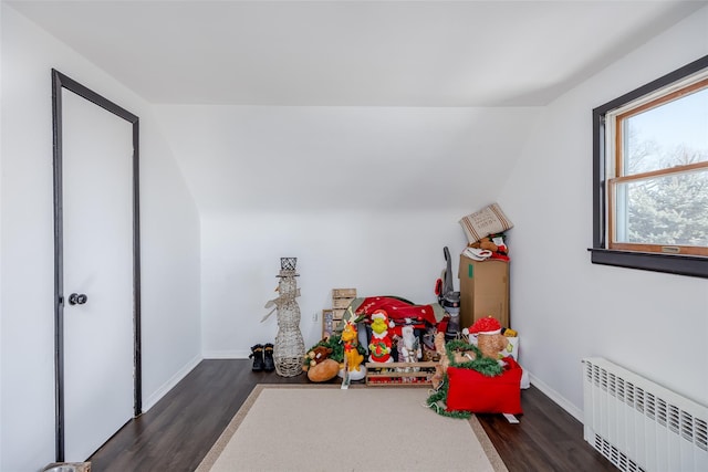 playroom featuring radiator and dark hardwood / wood-style flooring