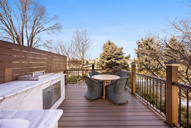 wooden terrace featuring a water view