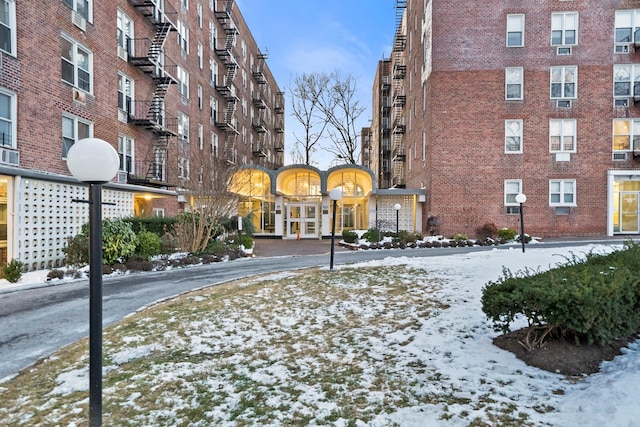 view of snow covered building