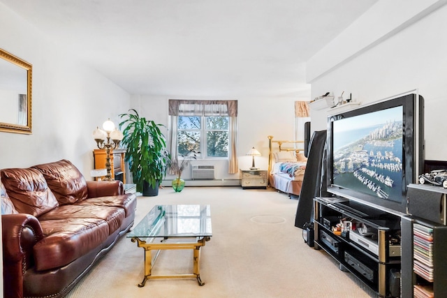 carpeted living room with a baseboard heating unit