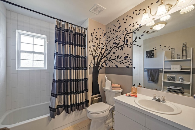 full bathroom featuring shower / tub combo, vanity, tile patterned flooring, and toilet