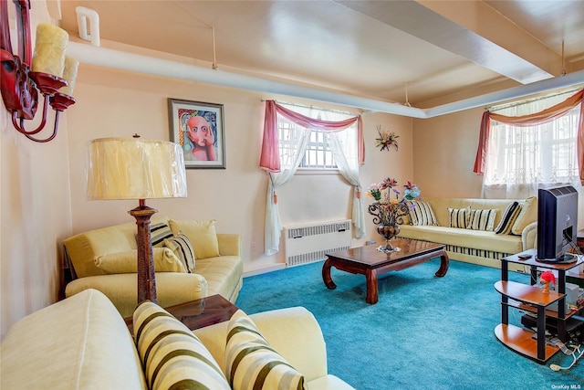 carpeted living room featuring radiator heating unit