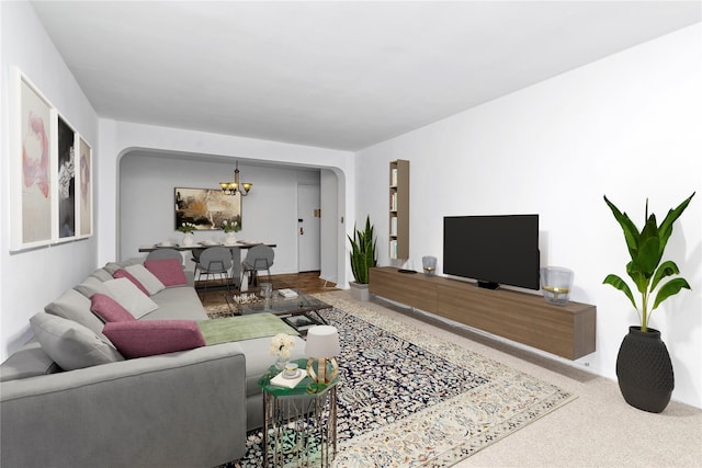 living room with a notable chandelier and carpet floors