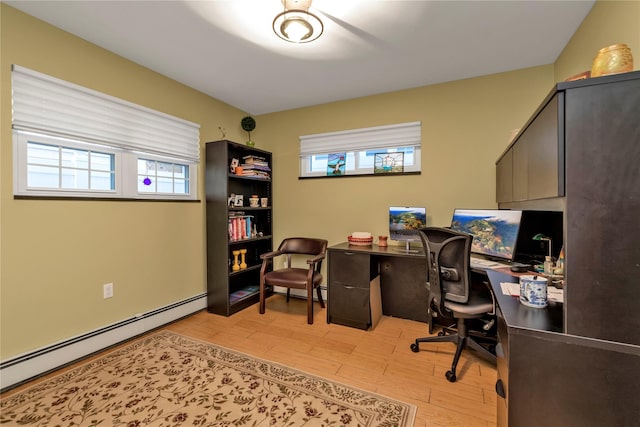 office space featuring a baseboard radiator and light hardwood / wood-style flooring