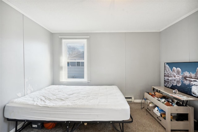 carpeted bedroom with crown molding and a baseboard heating unit