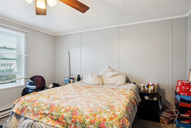 bedroom featuring crown molding, ceiling fan, a textured ceiling, and a baseboard radiator