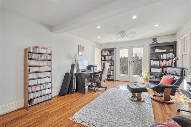 office area with french doors, ceiling fan, wood-type flooring, and beamed ceiling