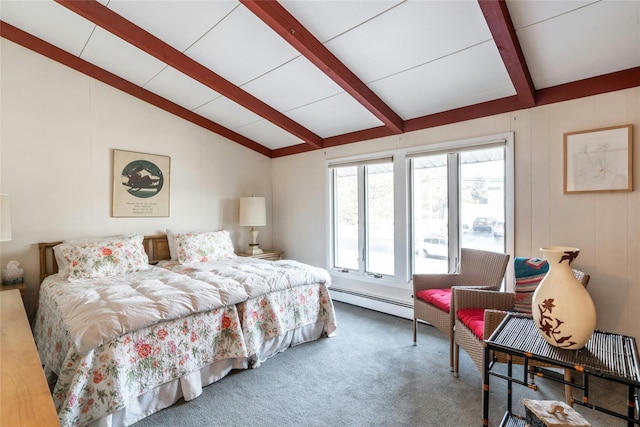 carpeted bedroom with baseboard heating and vaulted ceiling with beams