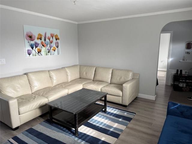 living room featuring crown molding and dark hardwood / wood-style floors