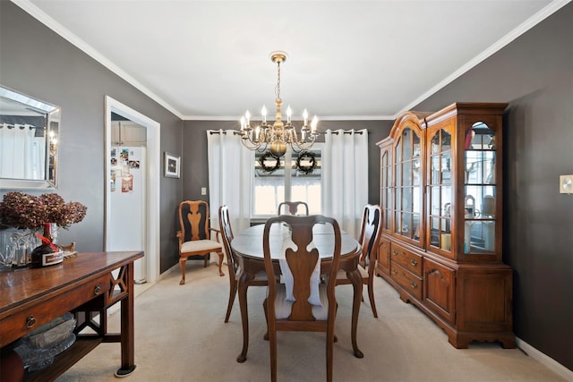 dining space featuring an inviting chandelier, crown molding, and light colored carpet