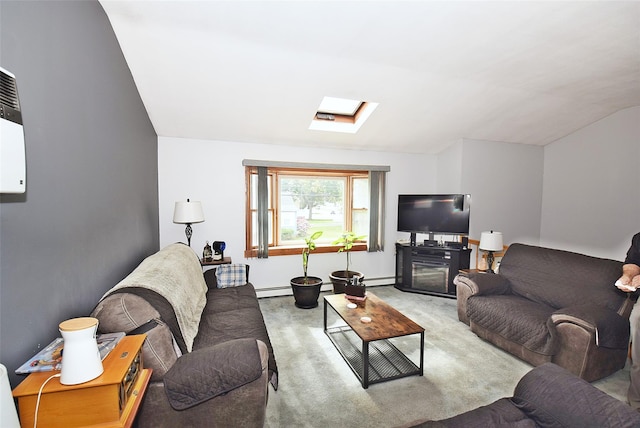 101 Bishop Rd, West Babylon, NY 11704 - living area with a skylight, a baseboard heating unit, carpet floors, lofted ceiling, and baseboard heating