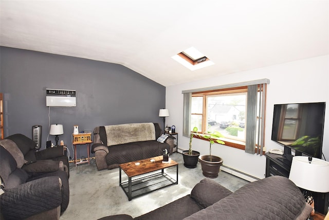 101 Bishop Rd, West Babylon, NY 11704 - living room featuring baseboard heating, vaulted ceiling, a wall mounted AC, and a skylight