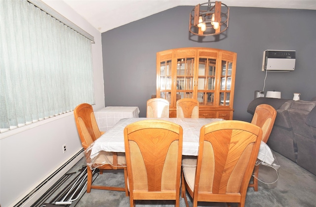 101 Bishop Rd, West Babylon, NY 11704 - dining space with carpet, lofted ceiling, an AC wall unit, baseboard heating, and a chandelier