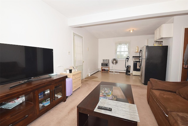 101 Bishop Rd, West Babylon, NY 11704 - living room featuring light carpet and a baseboard heating unit