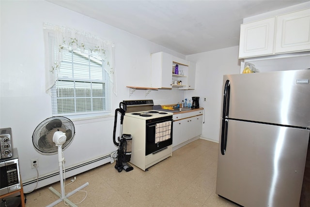 101 Bishop Rd, West Babylon, NY 11704 - kitchen with freestanding refrigerator, electric range, light flooring, white cabinetry, and a baseboard radiator