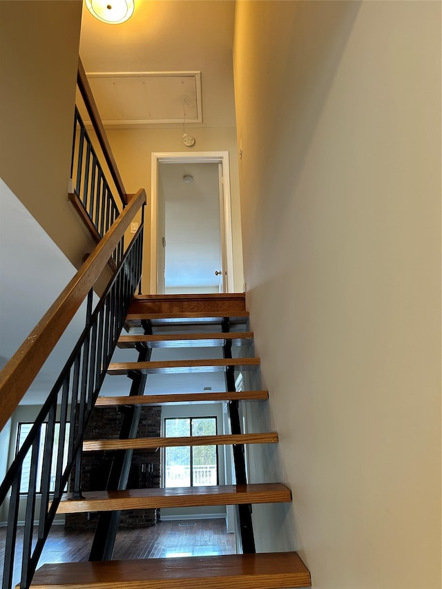 stairway featuring hardwood / wood-style flooring