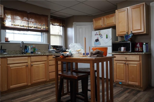 kitchen with dark hardwood / wood-style flooring, sink, light stone countertops, and a drop ceiling