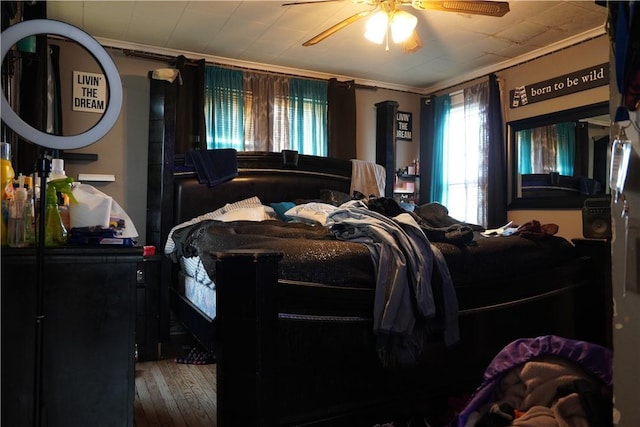 bedroom featuring ceiling fan, ornamental molding, and hardwood / wood-style floors