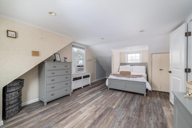 bedroom featuring lofted ceiling and dark wood-type flooring