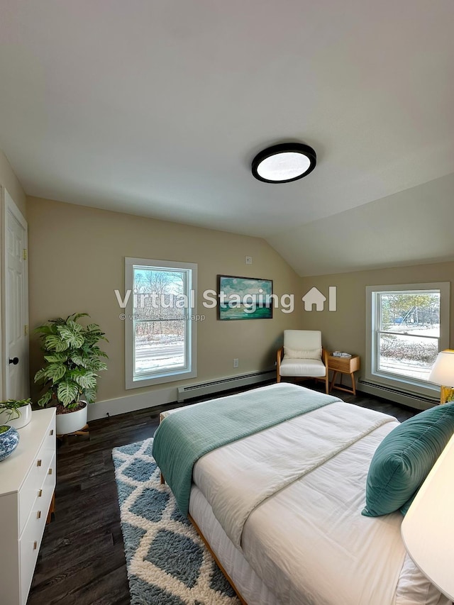 291 Clements Rd, Liberty, NY 12754 - bedroom featuring a baseboard heating unit, baseboards, lofted ceiling, and dark wood-style flooring