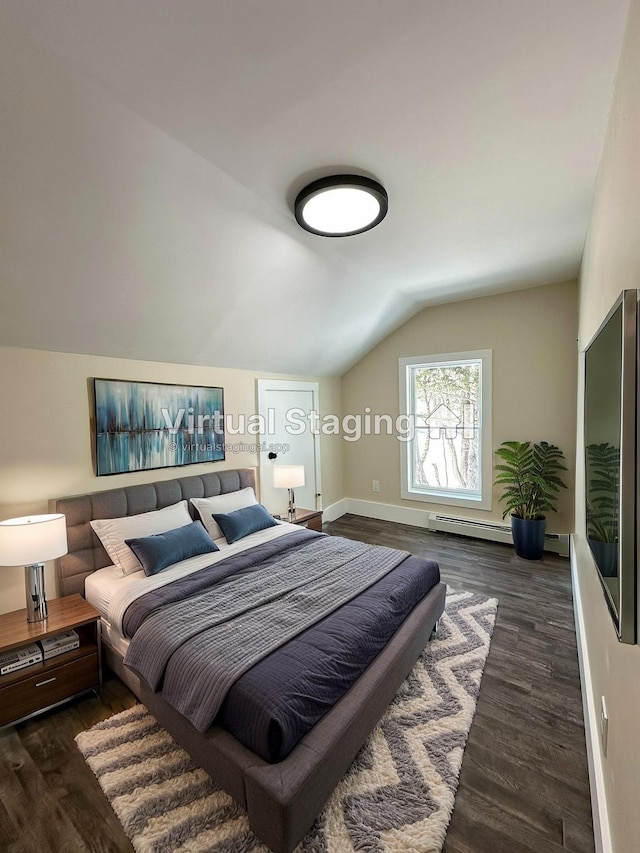 291 Clements Rd, Liberty, NY 12754 - bedroom with a baseboard heating unit, dark wood finished floors, baseboards, and lofted ceiling