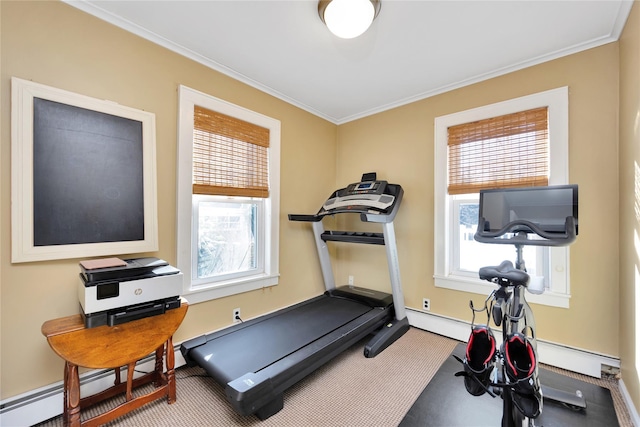 workout area featuring ornamental molding, a healthy amount of sunlight, and baseboard heating