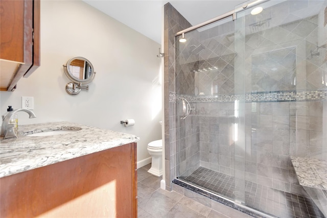 bathroom with vanity, toilet, and a shower with door