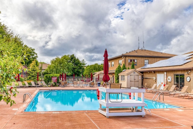 view of pool featuring a patio area and a storage shed