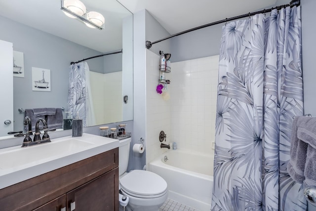 full bathroom with vanity, toilet, tile patterned flooring, and shower / tub combo