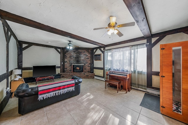 tiled bedroom with ceiling fan, a wall mounted air conditioner, a baseboard radiator, and beamed ceiling