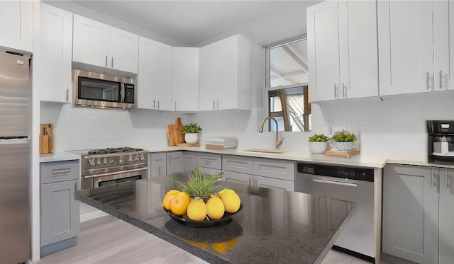 kitchen featuring appliances with stainless steel finishes, sink, gray cabinetry, and decorative backsplash