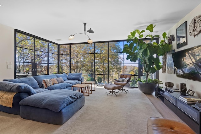 carpeted living room with a wall of windows