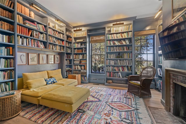 living area featuring a fireplace, ornamental molding, and a healthy amount of sunlight