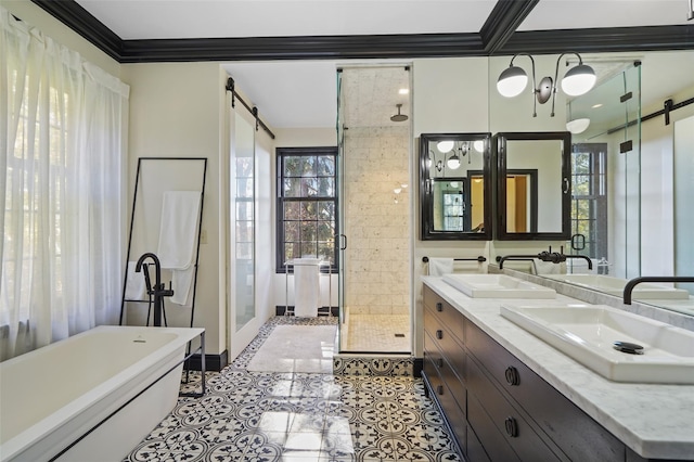 bathroom featuring tile patterned flooring, ornamental molding, shower with separate bathtub, and vanity